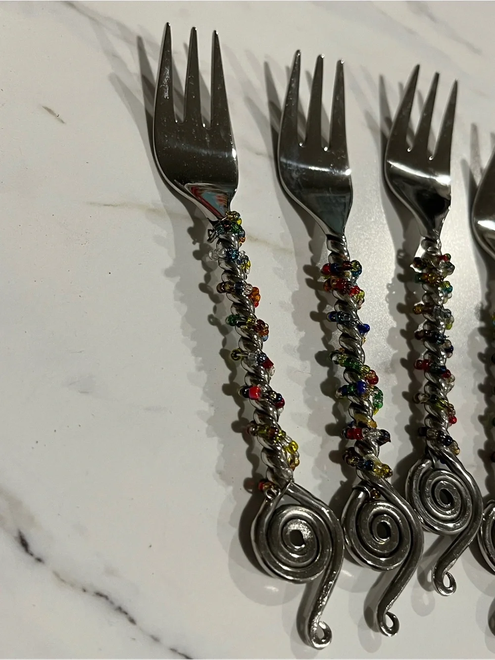 Multicolor Beaded Spiral Handle Dessert Forks - Set of 5